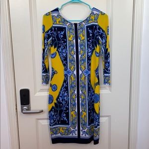 CACHE Designer Dress Blue Yellow Brocade Bodycon